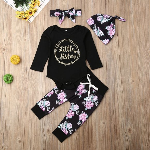 Other - NEW Infant Girls Black Floral Little Sister 4 Pc Outfit